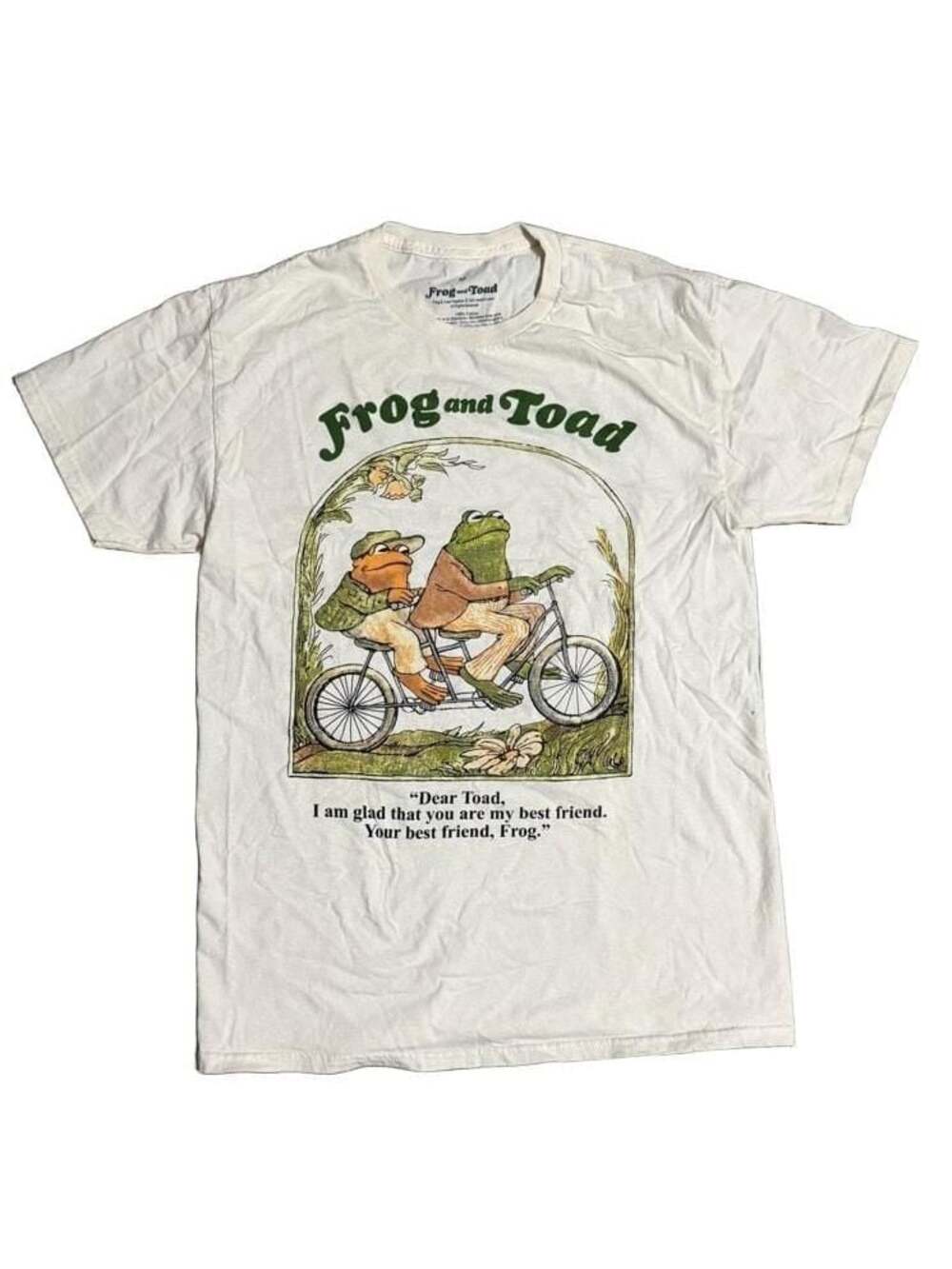 Retro Frog and Toad Best Friends Tandem Bicycle Cream Graphic T-Shirt Medium